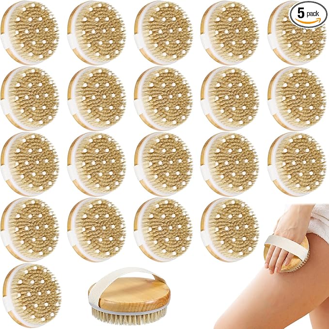 Gejoy 5 Pcs Dry Brushing Body Brush Exfoliating Brush with Massage Nodule Dry Skin Body Scrubber for Shower Bath Back Circulation Improvement Dead Skin Exfoliator (4.3 x 4.3 Inches,Wood Color)