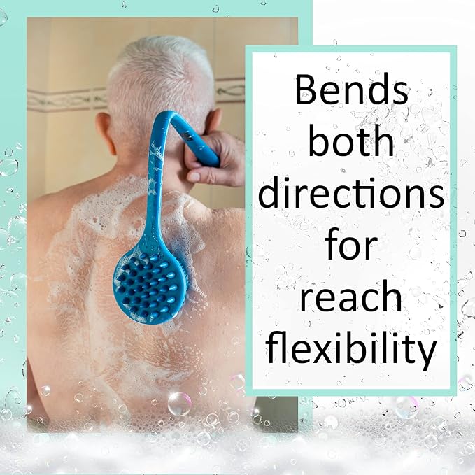 Bendable Long Handled Silicone Body Brush & Hair Scrubber - Bath Shower Back Brush, Shampoo Hair & Scalp Massager, Back Scrubber for Shower (Blue Sapphire)