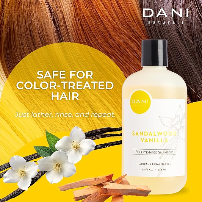DANI Naturals Shampoo with Sandalwood Vanilla Scent promotes hair thickening, strengthens follicles, and supports hair re-growth. Sulfate-free, nourishing, and soothing