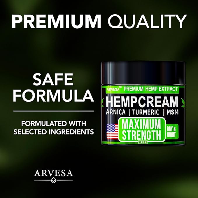 Hemp Cream - Maximum Strength - Natural Hemp Oil Extract Gel Rub with MSM - Glucosamine - Arnica - Turmeric - Maximum Strength - Formulated in USA - 3.9 oz