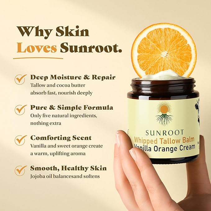 Whipped Tallow Balm, Vanilla Orange Cream Moisturizer, Natural Ingredients, Glass Jar, 2.85 oz, Face and Body Care