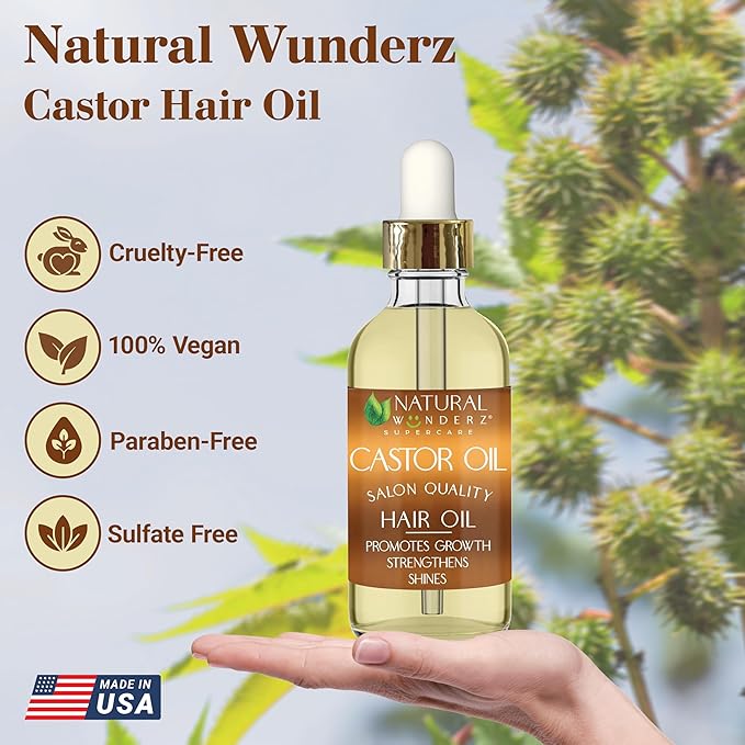Natural Wunderz Castor Hair Oil, Supports Hair Growth, Thickening Serum and Moisturizing Scalp Treatment for Dry and Damaged Hair, Sulfate Free and Vegan Friendly, 4 Fl Oz