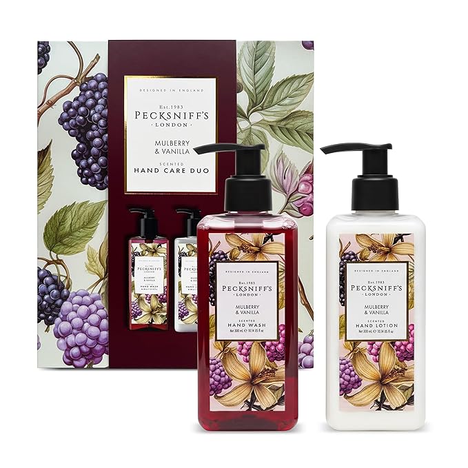 Pecksniffs Moisturizing Hand Wash and Hand & Body Lotion Caddy Set - WildWood Hand Care Duo Gift Set, Mulberry & Vanilla, Hard Box