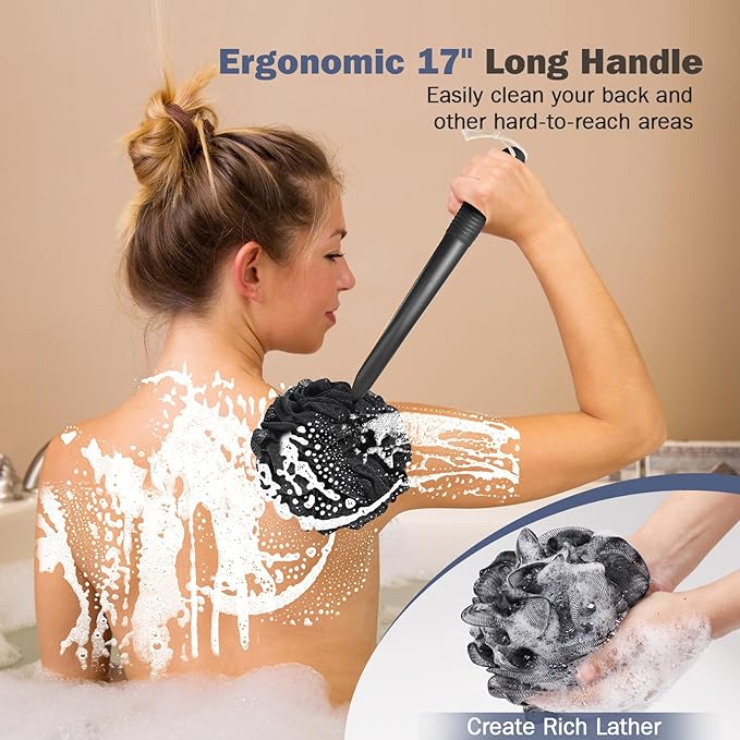 Non-Slip Back Scrubber with 17" Plastic Handle - Hand Shower Loofah & Loofah on a Stick Set, Black