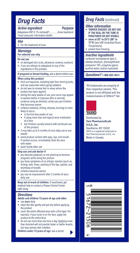 TARO Adapalene 0.1% USP Gel, Paraben Free, Retinoid Acne-Prone Facial Treatment for Sensitive Skin, Prescription Strenght (1.6)