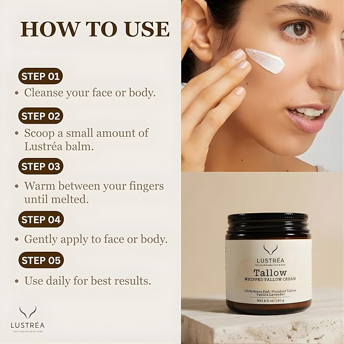 Whipped Tallow Cream 4oz | Grass Fed Beef Tallow Balm for Face & Body |Tallow Moisturizer for Dry Skin, Sensitive Skin (120 gram, Vanila-Lavender)