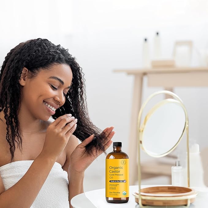 Zen Routine Organic Castor Oil 16oz Cold Pressed Unrefined Glass Bottle Hexane Free Pack – Aceite de Ricino Hair Growth Oil for Hair, Lashes & Stomach – USDA Certified Made in USA