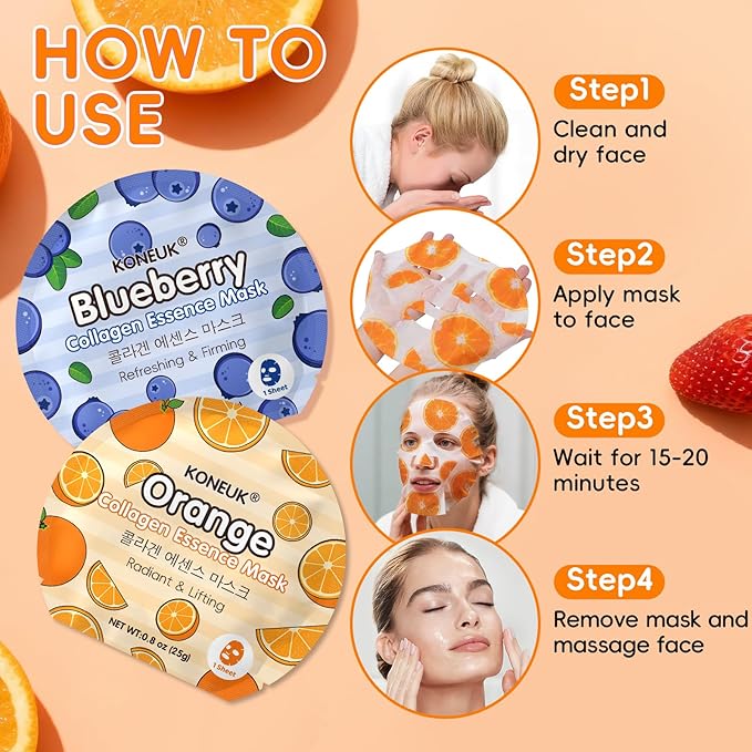 18 Pack Colorful Fruit Face Masks Skincare for Women, Bulk Sheet Hydrating Facial Mask for All Skin Types, Collagen Face Mask for Skin Care, Christmas Gifts, Stocking Stuffers and Spa Party Gifts