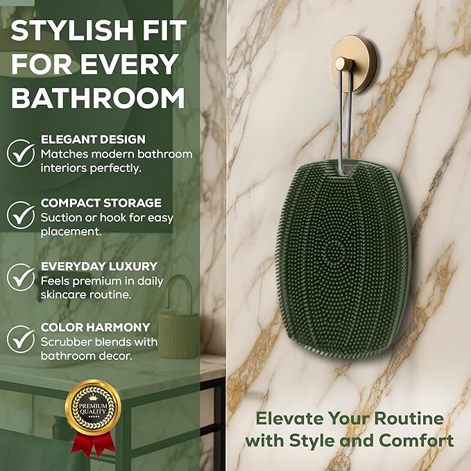 Silicone Body Scrubber - Gentle Exfoliating Shower Brush with Suction Handle & Hook, Soft Loofah Alternative for Men, Women, All Skin Types - Sage Green