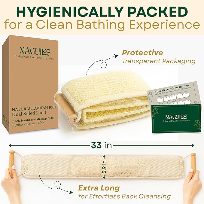Christmas Gifts Premium 2 in 1 Egyptian 100% Natural loofah with Handle Back Scrubber for Shower and Massage exfoliating Body Scrubber for Women and Men Back Scratcher washers for Shower loofa