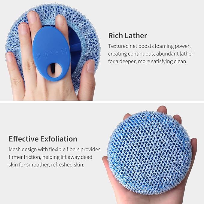 Silicone Body Scrubber & Scrub Nets, BEAUTAIL 4 Pack – Rich Foam and Exfoliation with Gentle Brush or Firmer Net Options – Hygienic, Durable, Easy to Clean – 2 Brushes (Black+Blue), 2 Nets (Gray+Blue)