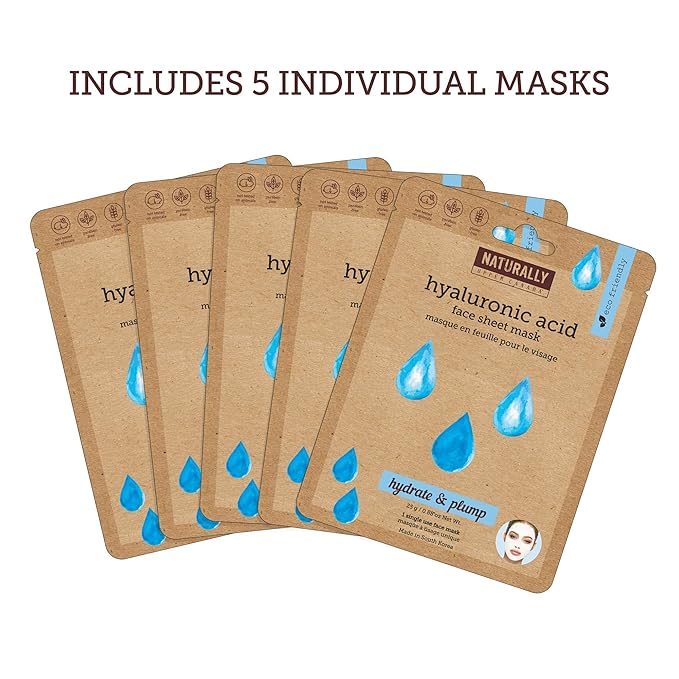 Naturally - Hydrating Hyaluronic Acid Sheet Mask for Dry Skin – Deep Moisturizing & Soothing Spa Facial Treatment, Hydrating Face Mask Set, 5 Sheet Masks Included