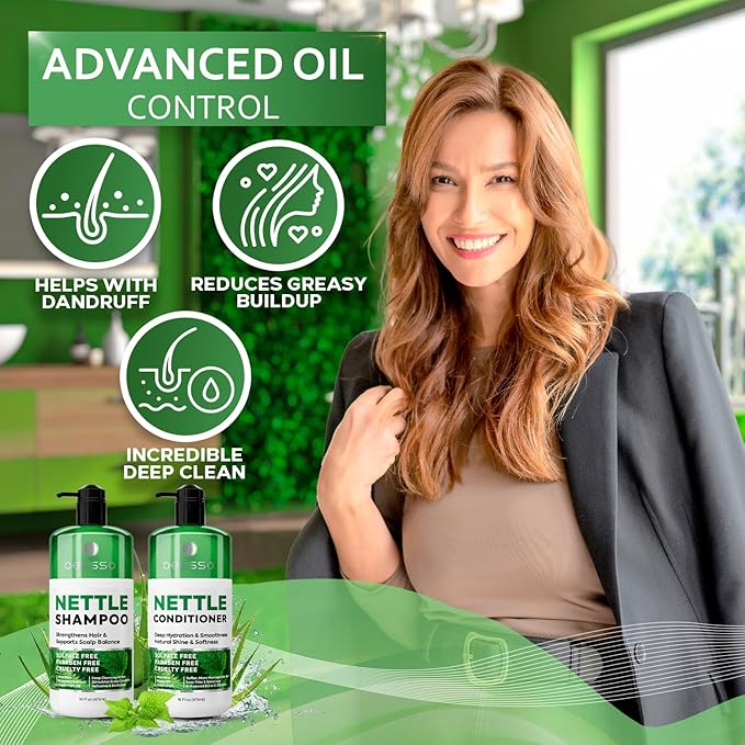 Nettle Shampoo and Conditioner Set - Sulfate Free to Boost Volume - Thickening, Strengthening, Volumizing Formula for Fine and Thinning Hair Women and Men - 16 Fl Oz (Pack of 2)