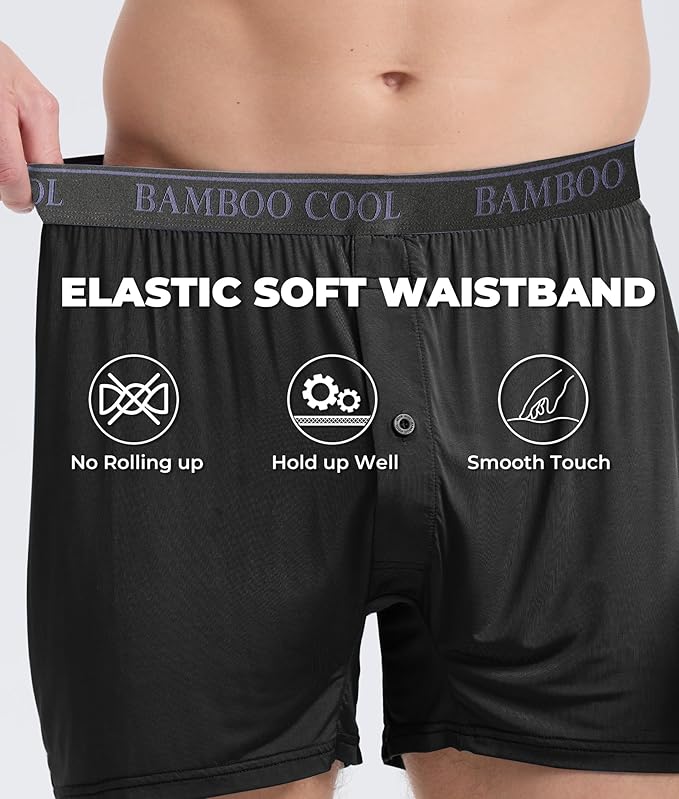 BAMBOO COOL Soft Men's Boxer Shorts 3 Pack,Silk Feeling Underwear for men with Button Fly,Breathable Loose Fit Boxers