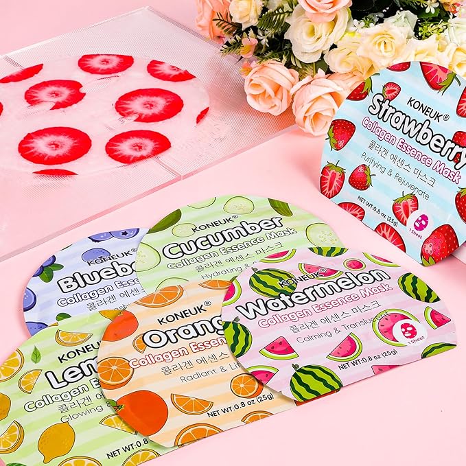 6 Pack Colorful Fruit Face Masks Skincare, Sheet Hydrating Face Mask, Collagen Facial Mask for Skin Care, Stocking Stuffers for Women, Bulk Christmas Gifts and Spa Party Gifts