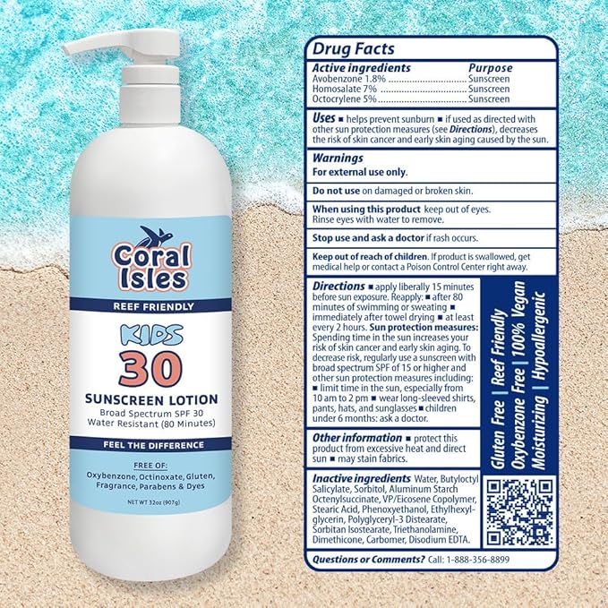 Coral Isles by Rocky Mountain Sunscreen | SPF 30 Lotion | Broad Spectrum UVA/UVB Protection | Hawaii Reef-Safe Act Compliant | Oxybenzone & Octinoxate Free | Water Resistant 80 Min. | 32 Fl Oz