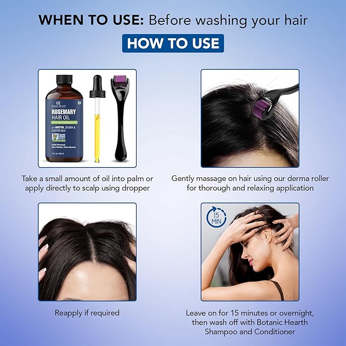 Botanic Hearth Rosemary Hair Oil 2 fl oz | With Derma Roller & Glass Bottle | Hair Growth Oil for Stronger, Thicker Hair | Lightweight, Non-Sticky Formula | Pack in Monocarton