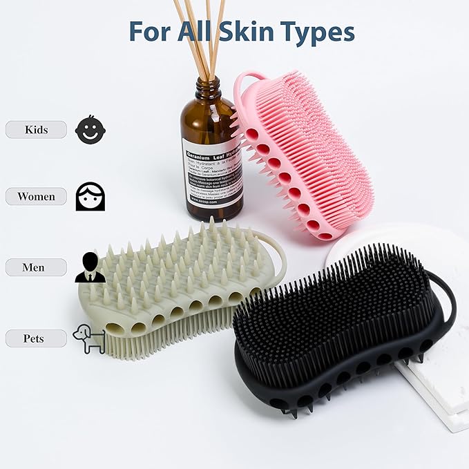 MtBoi 2PC Double-Sided Exfoliating Silicone Body Scrubber, 2-in-1 Bath Scrubber, Shampoo Brush, Silicone Loofah for All Skin Types, Shower Body Scrubber, Easy to Clean, Lather Well (Black&Pink)