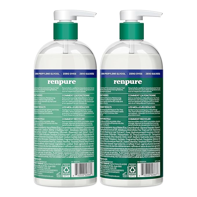 Renpure Tea Tree & Rosemary Shampoo and Conditioner Set, Plant Based - Refreshes & Rebalances Hair and Scalp - For Oily/Normal Hair - Tea Tree Leaf Oil, Rosemary Leaf Extract - 24 Fl Oz each, 2 Pack