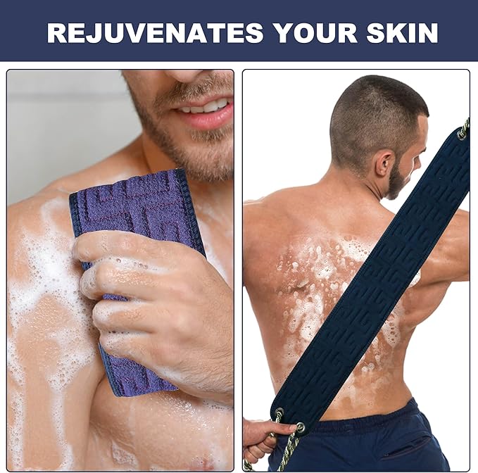 OWIIZI Exfoliating Back Scrubber for Shower, Double-Sided Back Scrub Washcloth with Antiskid Handles for Use in Shower, Body Exfoliator Scrub Towel Back Washer for Men & Women-38 Inches