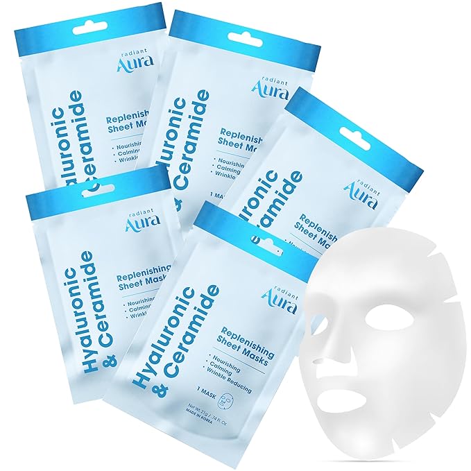 Hyaluronic & Ceramide Sheet Mask – Dermatologist Tested Korean Face Mask for Hydration, Wrinkle Care & Skin Nourishment – Collagen Facial Sheet Mask for Calming & Smoothing – 5 Pack