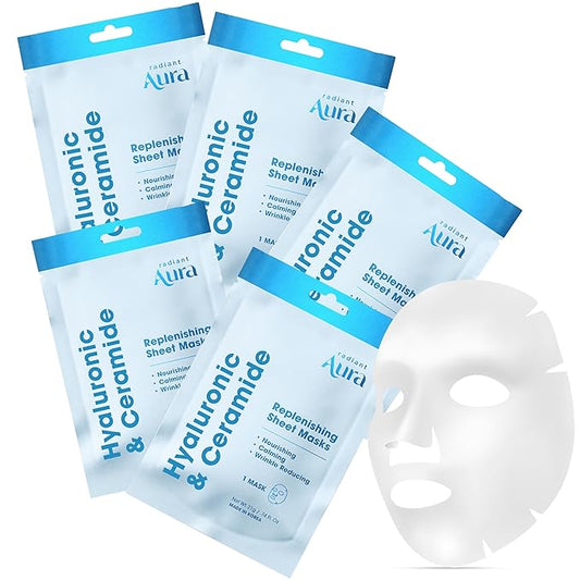 Hyaluronic & Ceramide Sheet Mask – Dermatologist Tested Korean Face Mask for Hydration, Wrinkle Care & Skin Nourishment – Collagen Facial Sheet Mask for Calming & Smoothing – 5 Pack