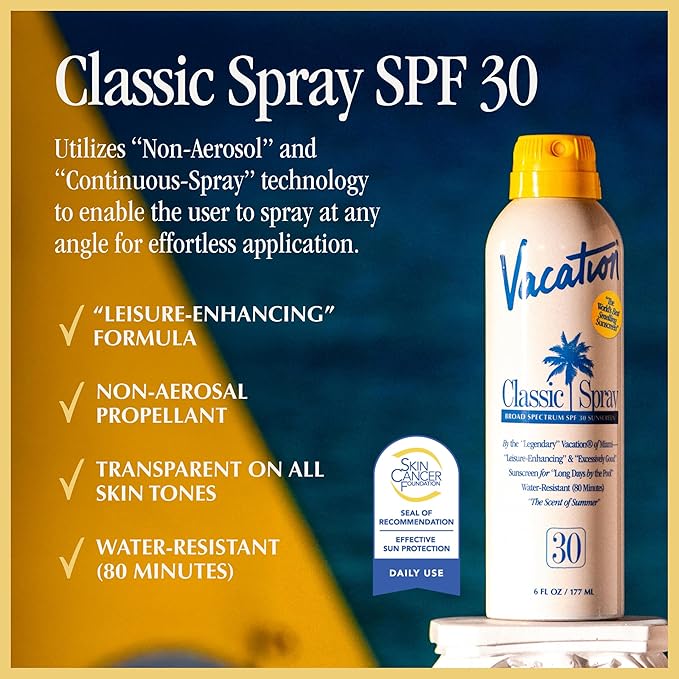 Vacation Classic Sunscreen Spray SPF 30, Water-Resistant, Lightweight, Transparent on All Skin Tones, Dermatologist-Tested, Vegan, 6 Fl. Oz. (Value Pack of 3)