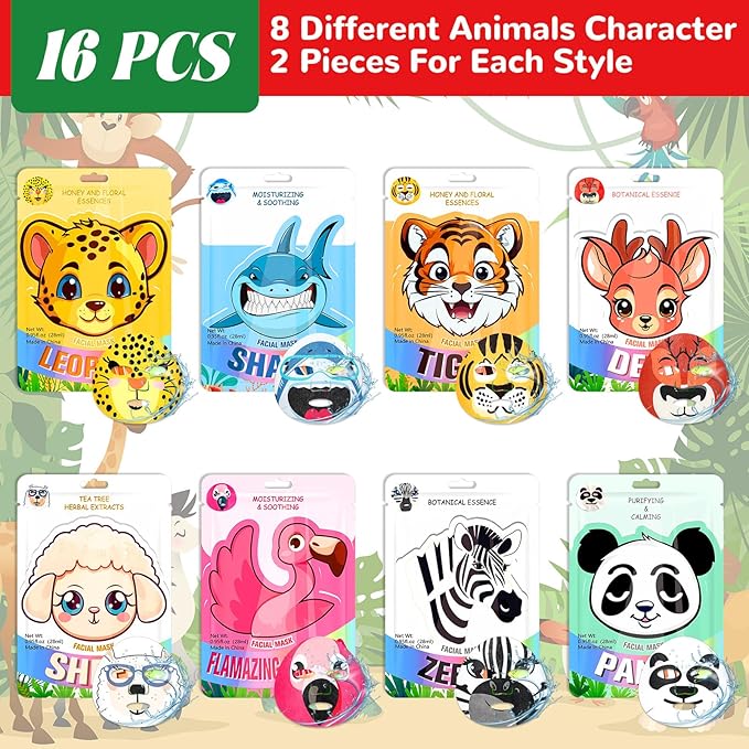 16 Pcs Animal Face Masks Bulk Spa Sheet Skincare Facial Mask Funny Face Skin Care for Women Girls Sleepover Slumber Party