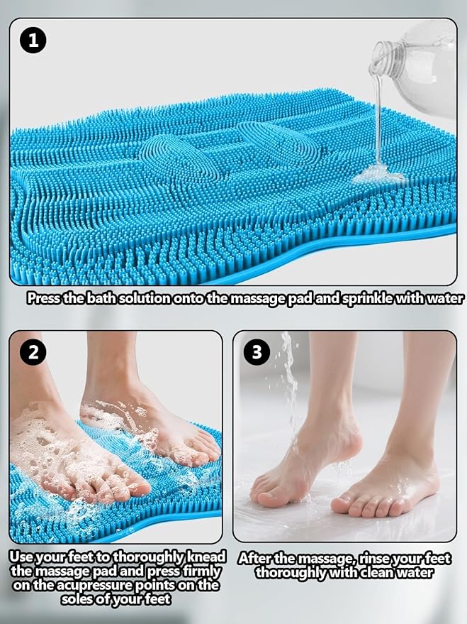 Kalolary Silicone Shower Foot Scrubber Mat, Large Foot Scrubber in Shower with Non Slip Suction Cups Foot Cleaner Brush to Clean Exfoliate and Massage Feet Without Bending Over Easy to Clean (Blue)