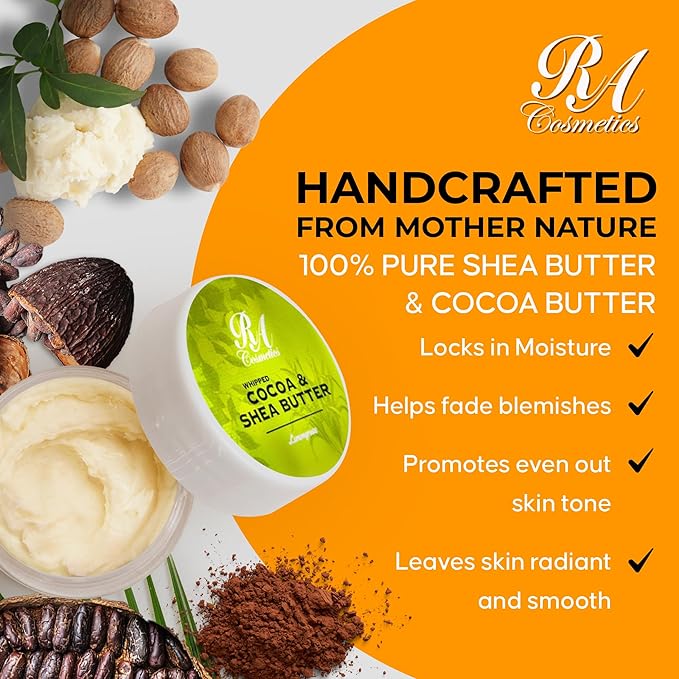 RA COSMETICS Whipped Cocoa & Shea Butter, Lemongrass - 12oz | 100% Pure & Natural Skin Moisturizer with Coconut Oil | Vitamin-Rich Body Butter for Soft, Supple, and Radiant Skin & Healthy Hairs