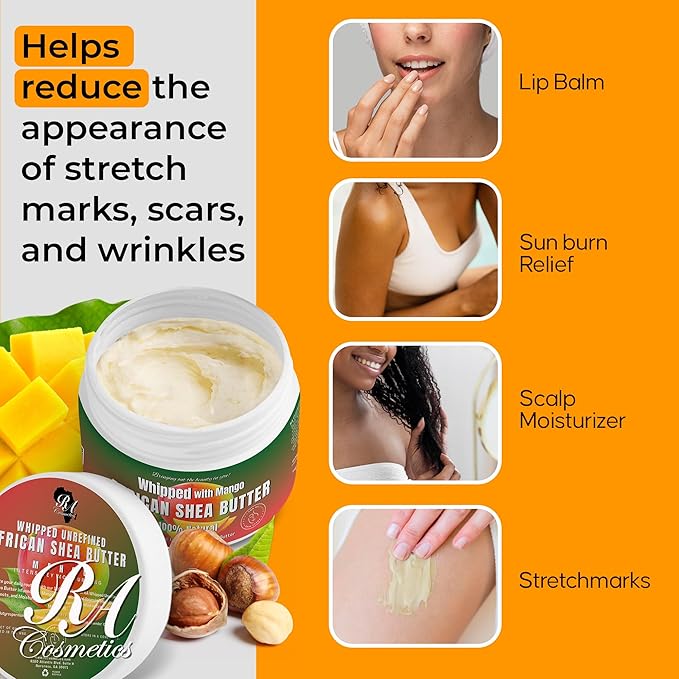 RA COSMETICS Whipped Shea Butter Mango - 100% Pure and Natural African Shea Butter - Ultimate Handcrafted Moisturizer with Essential Vitamins for Radiant Skin and Luscious Hair - 12oz Jar
