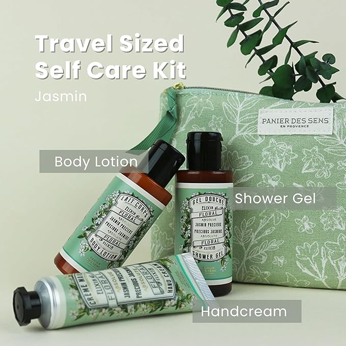 Panier des Sens - Travel Pouch Jasmine Gift Set - Shower Gel 3.3 fl oz + Body Lotion 3.3 fl oz + Hand Cream 1 fl oz - 97% Natural Ingredients - Made in France, Vegan Friendly Body Care