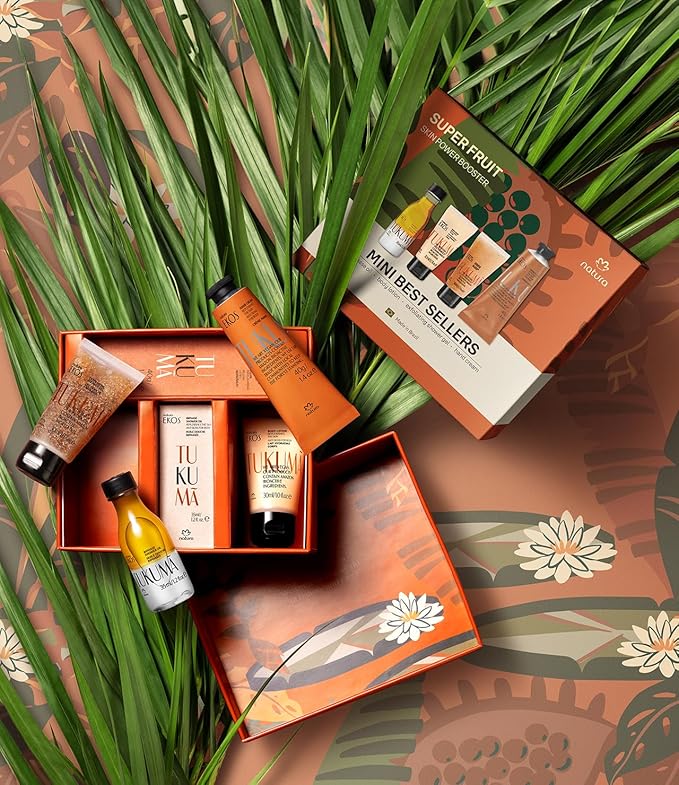 natura – Tukumã Hyaluronic Acid Boosting Brazilian Set (4 Travel Size Products) - Exfoliating Shower Gel, Biphase Shower Oil, Body Lotion and Hand Cream- Anti-Aging - Vegan Skin Care