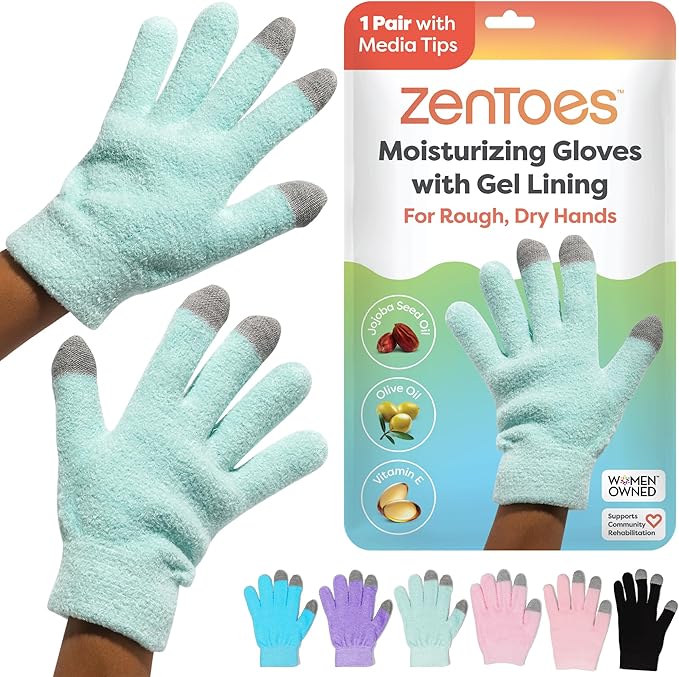 ZenToes Moisturizing Gloves for Dry Hands, Gel Infused with Jojoba Seed Oil, Olive Oil and Vitamin E, Overnight Hand Moisturizer (OSFM, Fuzzy Mint Green with Media Tips)