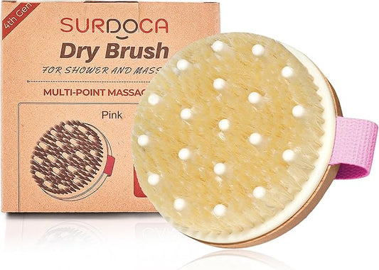 SURDOCA Dry Brushing Body Brush for Lymphatic Drainage, Wet & Dry Body Scrubber, Natural Exfoliating Brush, Pink