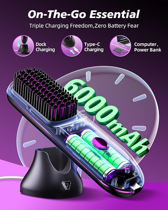 VELORlA Cordless Hair Straightener Comb with Charging Dock & LED Display - Portable 2-in-1 Travel Straightener Brush with 200M lons, 3 Temps 320-392'F, Anti-Frizz Hair Styler, Gift for Women (Black)