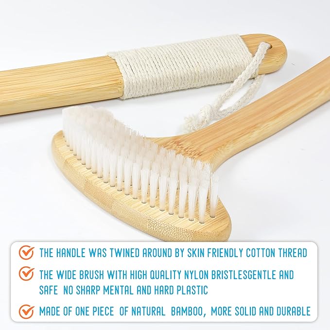 22" Oversized Back Scratcher, Bamboo Body Scratcher for Men and Women, Curved Backscratcher with Long Handle and Wide Nylon Brush Head for Itching Relief, Great for Elders, Pregnant Women
