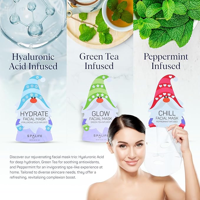 SpaLife Holiday Gnome Facial Masks 9 Pack | Sheet Masks for Skin Rejuvenation, Hydration and Moisturizing Variety Pack | Korean Skin Care Mask, Christmas Face Mask Set