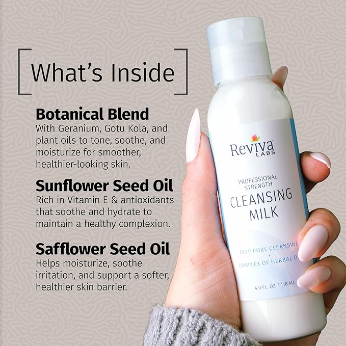 Reviva Labs Cleansing Milk – Gentle Facial Cleanser for Sensitive Skin with Aloe & Botanical Oils – Hydrating Milky Cleanser & Makeup Remover – Vegan Face Wash for Dry or Mature Skin – 4 fl oz