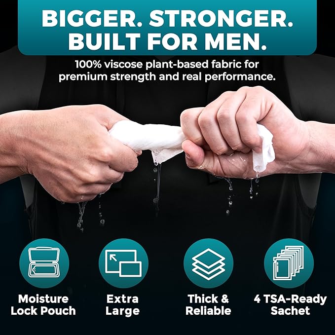 Body Wipes for Men (2 Pack) – 100 XL No Rinse Shower Sheets + 8 Travel Bath Wipes, 10" x 11.5" Adult Disposable Washcloths for After Gym Use, Hunting, Camping and Travel