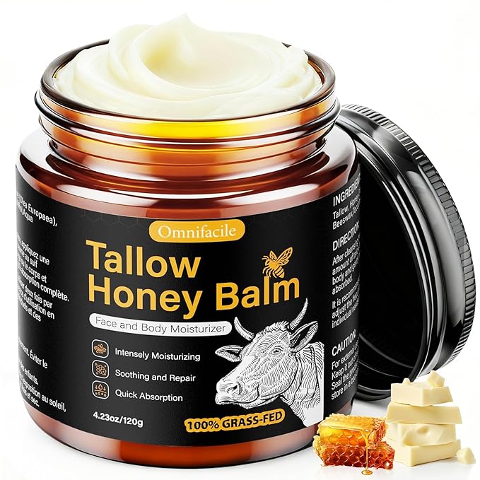 Beef Tallow Honey Balm for Skin,Face,Body - Handmade Whipped Cream Face Moisturizer with 100% Narural Organic Grass-Fed Beef Tallow & Raw Honey - Balm For Dry, Sensitive Skin - Unscented,4.23OZ