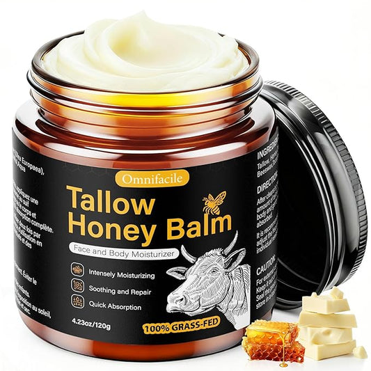Beef Tallow Honey Balm for Skin,Face,Body - Handmade Whipped Cream Face Moisturizer with 100% Narural Organic Grass-Fed Beef Tallow & Raw Honey - Balm For Dry, Sensitive Skin - Unscented,4.23OZ