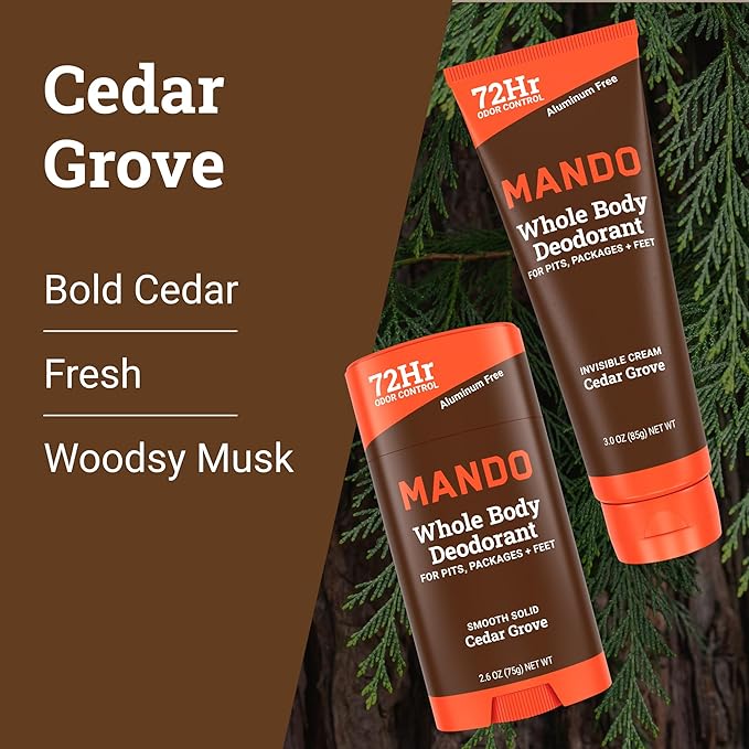 Mando Whole Body Deodorant - Invisible Cream Tube and Solid Stick - 72 Hour Odor Control - Aluminum Free, Baking Soda Free, Skin Safe - 3.0 Ounce Tube and 2.6 Ounce Solid Stick Bundle - Cedar Grove