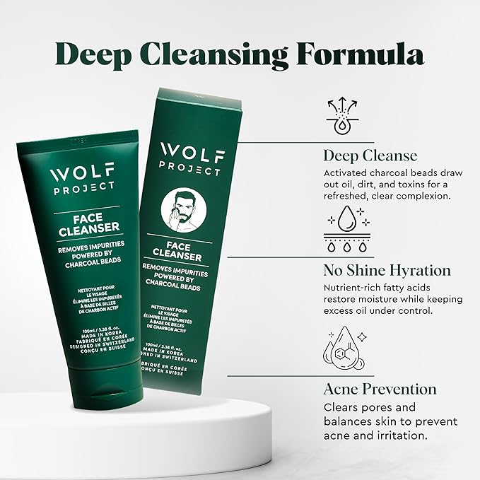 Wolf Project Activated Charcoal Beads Korean Face Wash - Charcoal Face Cleanser with Oil Control Prevents Acne, Deeply Cleanses, Hydrates and Moisturizes Skin. Natural Facial Cleanser