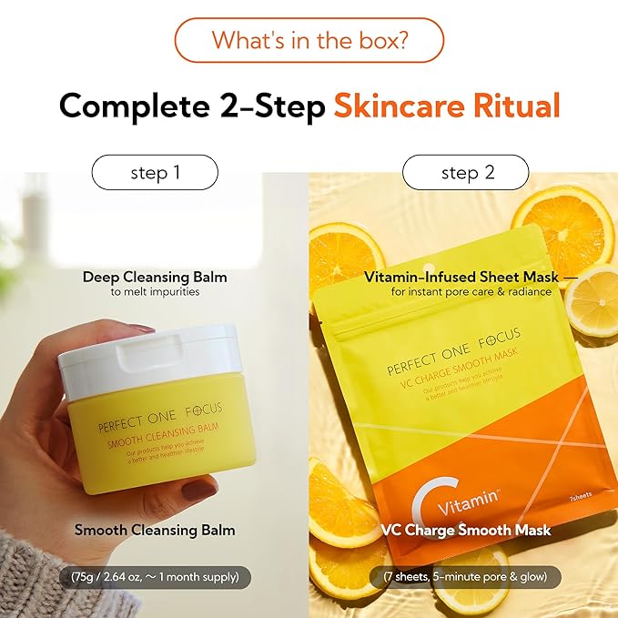 PERFECT ONE FOCUS Skincare Bundle – VC Charge Smooth Sheet Masks (7 Sheets) + Smooth Cleansing Balm (2.64oz) – Vitamin C, Charcoal, Hyaluronic Acid, Ceramides & Niacinamide for Hydrating