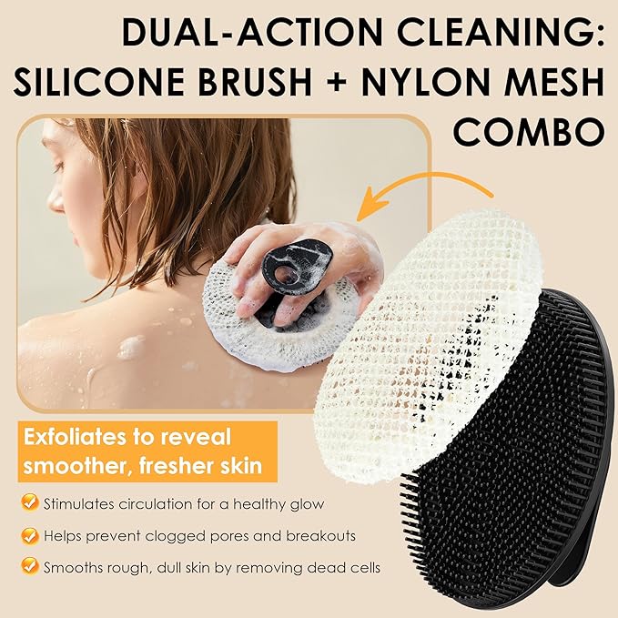 INNERNEED Food-Grade Silicone Body Scrubber Gentle Cleansing Brush with Exfoliating Net Sponge Bath Scrubbing Washcloth Case, More Hygienic and Well Lather (Black Set)