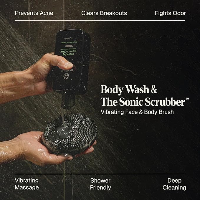 Black Wolf Body Wash & Sonic Scrubber Pro Kit for Men - Vibrating Face & Body Brush with Charcoal Powder Shower Gel, Water Resistant Massage Brush & Salicylic Acid Body Wash, Rich Lather & Deep Clean