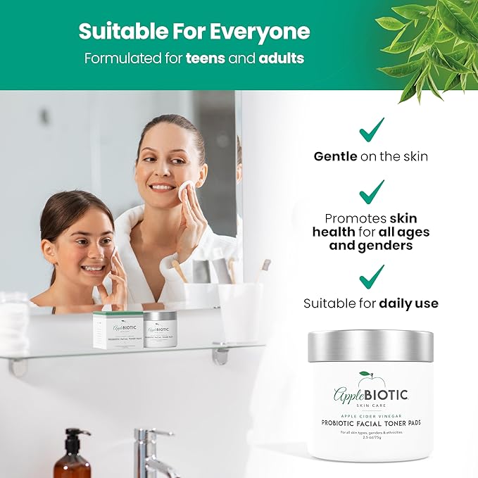 Apple Cider Vinegar Face Toner Pads - Exfoliating & Hydrating Toner for All Skin Types, Probiotic Extract, Aloe, Green Tea - Pack of 2