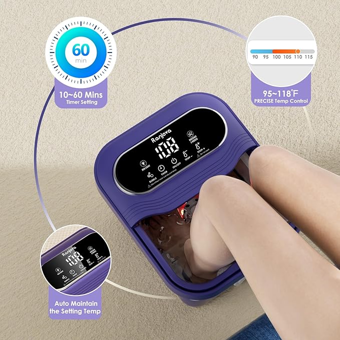 Foot Spa Electric Rotary Massage, Collapsible Foot Bath with Heat, Bubble,Temp Control, and 24 Motorized Shiatsu Massage Balls, Pedicure Foot Spa for Feet Relaxation (Blue)