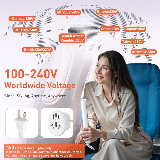 Quico Hair Straightener, 110-240V Global Travel Hair Straighteners for Women, 15s Fast Heating, Professional Negative Ion Flat Iron, Temp Memory, 320℉-450℉, Auto-Off, with Glove and Clips, Gift, White